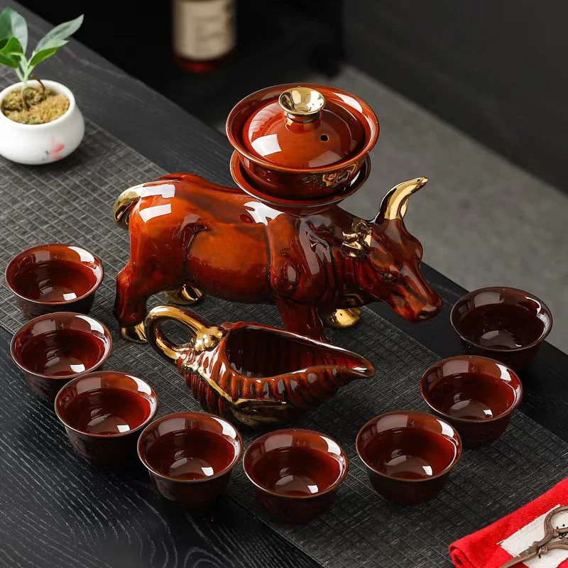中国红牛陶瓷茶具套装中式旋转家用办公室高端茶器懒人功夫自动茶