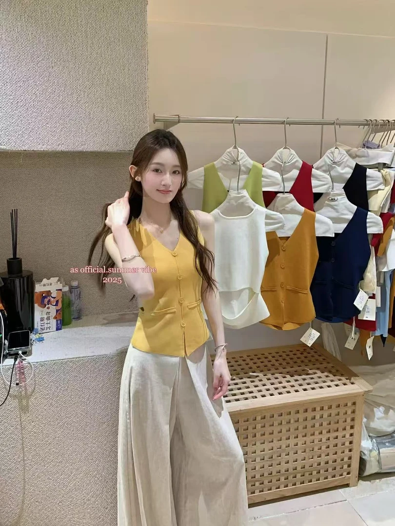 V领排扣漏腰经典老钱风针织背心-962
