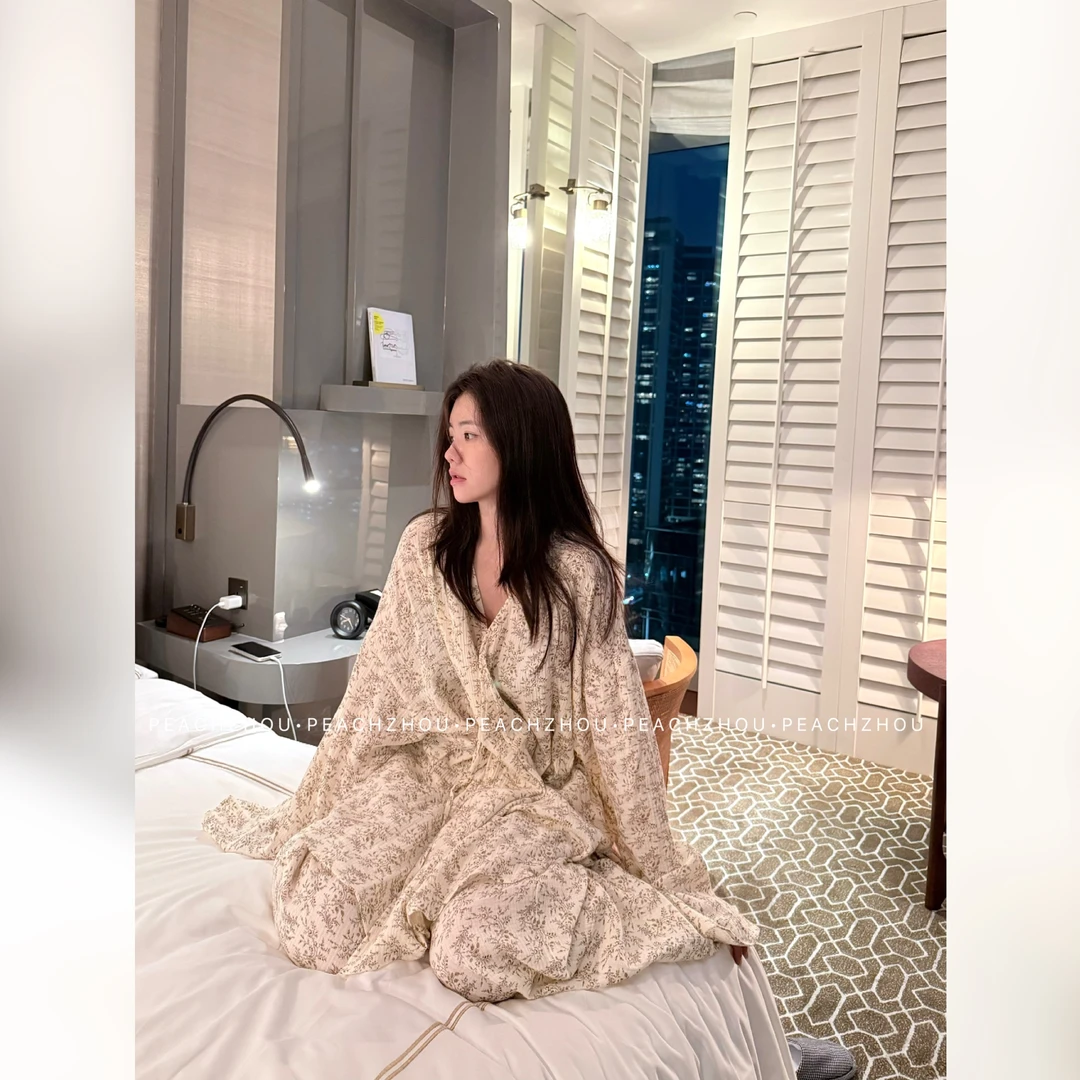 『PEACHZHOU』碎花棉纱宽松系带交领长袖松紧腰阔腿长裤家居服套装