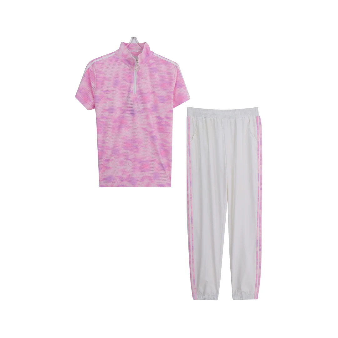 透气休闲晕染印花半拉链短袖条纹休闲裤套装A64025