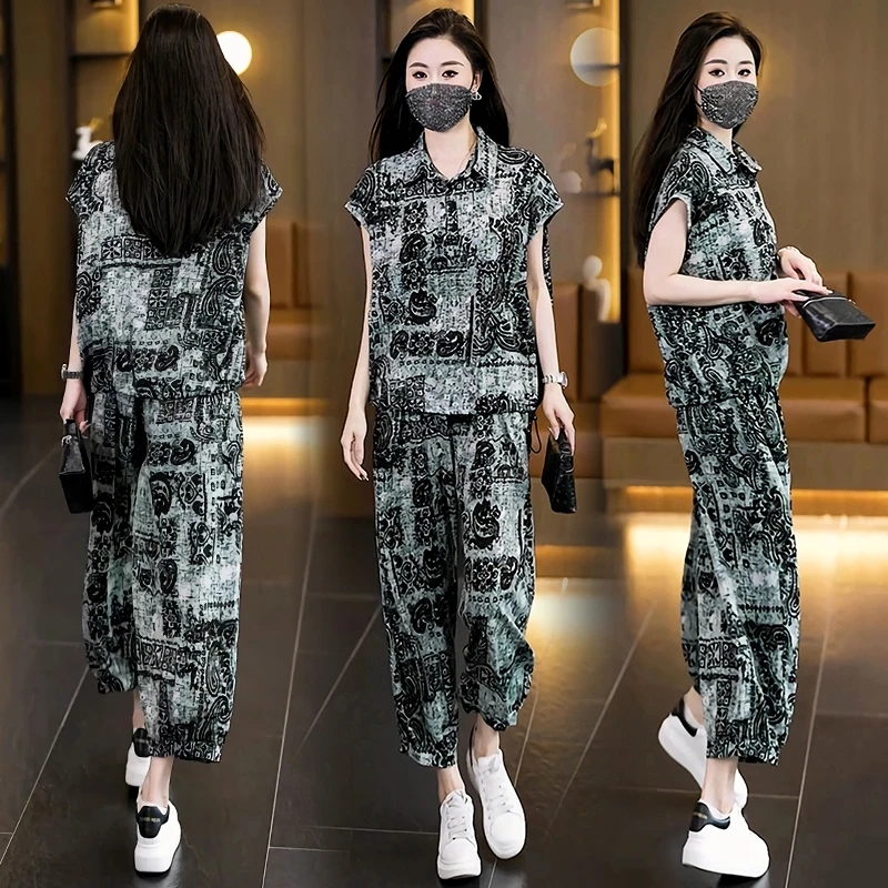 2025夏季新款两件套大码遮肉显瘦时尚休闲宽松妈妈洋气减龄套装