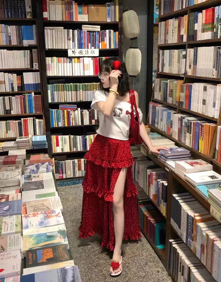 绝美甜辣chic多巴胺穿搭一套kitty短袖T恤波点半身裙两件套装1936