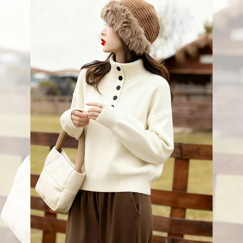 别致独特漂亮白色小衫外出新款高领毛衣女秋冬洋气百搭针织衫上衣