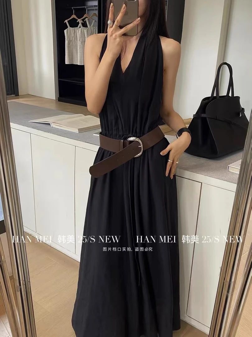 赫本风气质黑色挂脖无袖连衣裙女高腰系带遮胯显瘦长裙