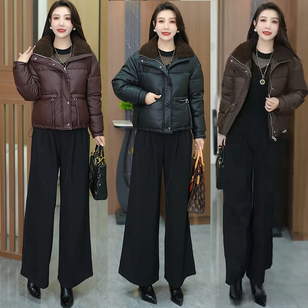 时尚羊羔毛领皮棉服女2025冬季新款洋气宽松显瘦短款加厚保暖棉衣