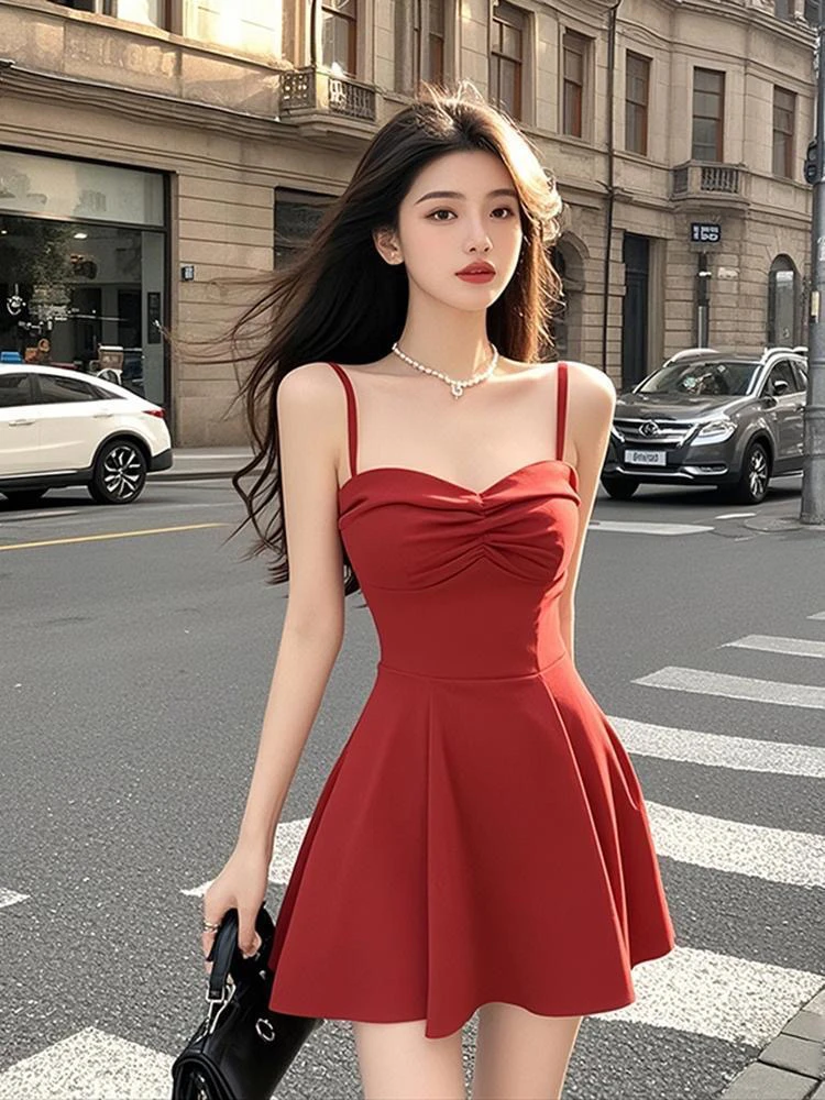 红色情人节低领吊带褶皱连衣裙女春季收腰显瘦修身气质纯欲短裙