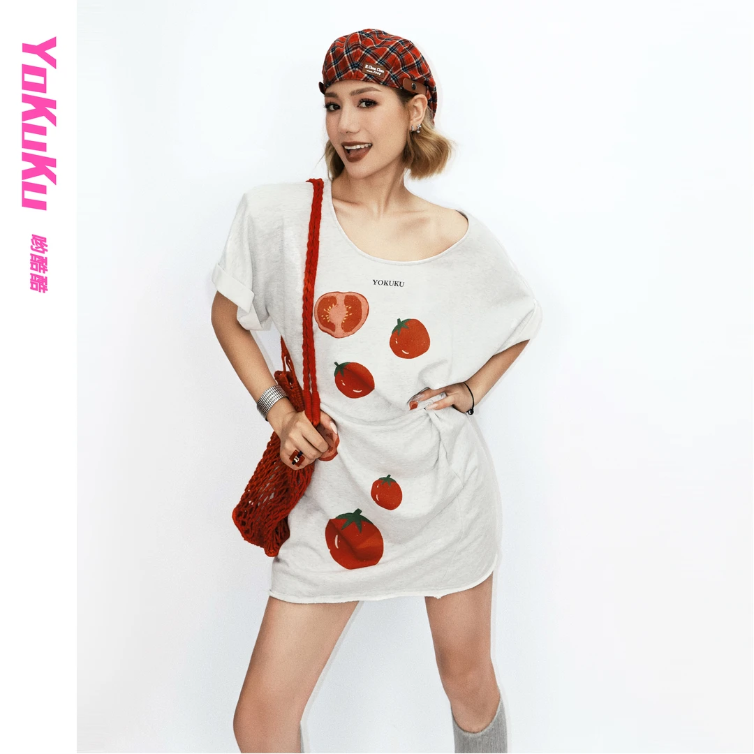 哟酷酷（西红柿首富）短款连衣裙独立设计水果印花宽松百搭慵懒纯棉