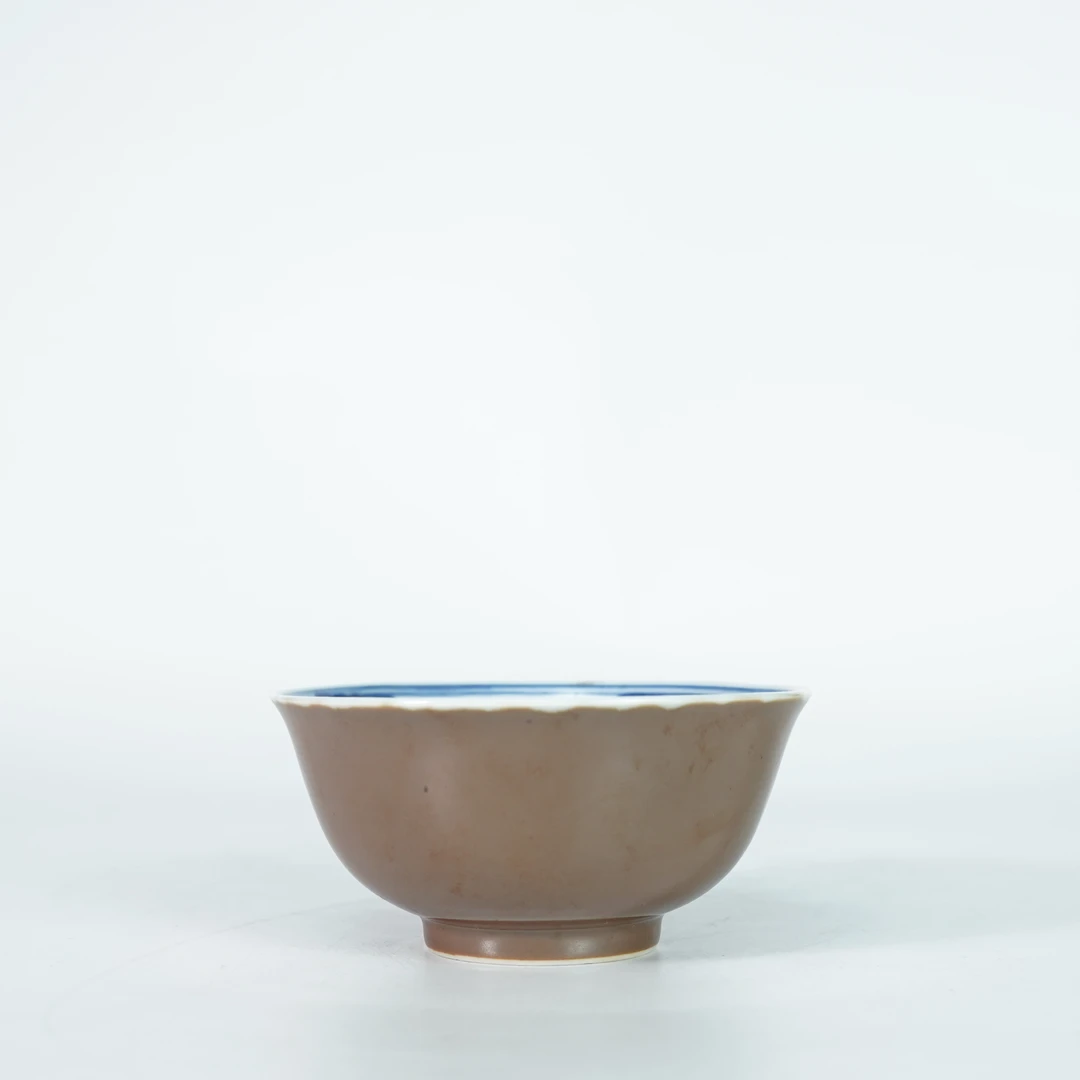 LZA251116004【十竹斋】清光绪外施紫金内画鱼藻纹青花茶碗
