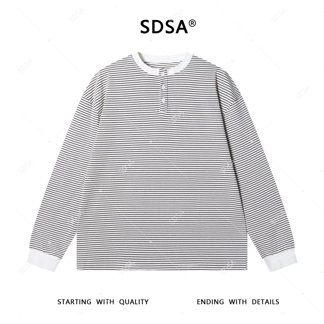 SDSA男士秋冬新款轻奢痞帅男装半纽扣圆领撞色条纹长袖T恤网红款