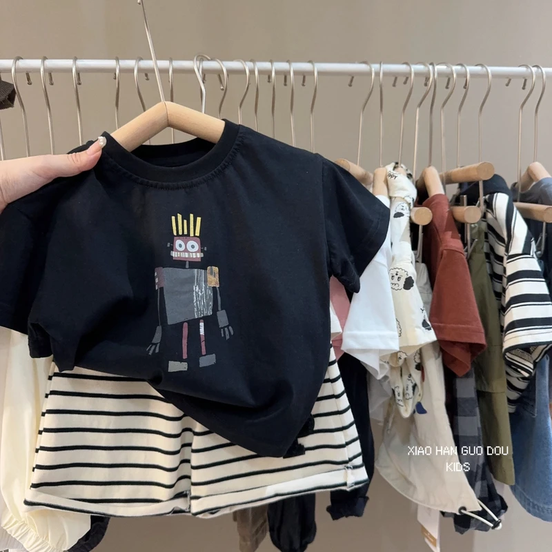 儿童韩版夏季新款黑色耐脏不褪色卡通短袖T恤