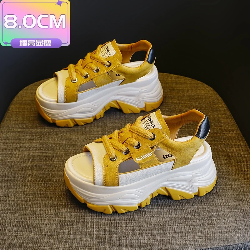 潮流显高软底复古风鱼嘴鞋镂空厚底8cm增高露趾凉鞋系带小众女鞋