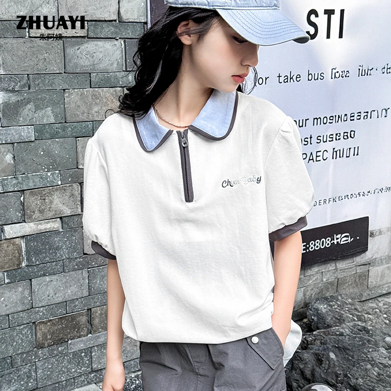 朱阿姨女大童翻领短袖2025夏季新款花苞袖上衣透气学生党T恤中袖