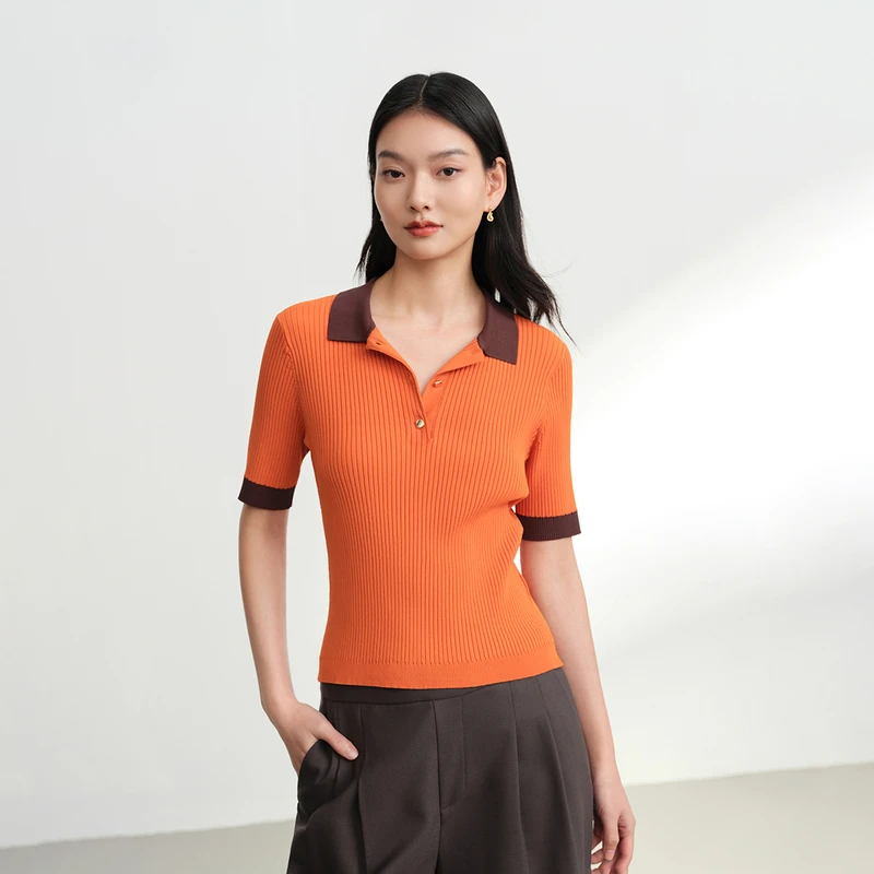 EP雅莹2025早秋新款女装 撞色修身polo领短袖针织衫上衣 9559A