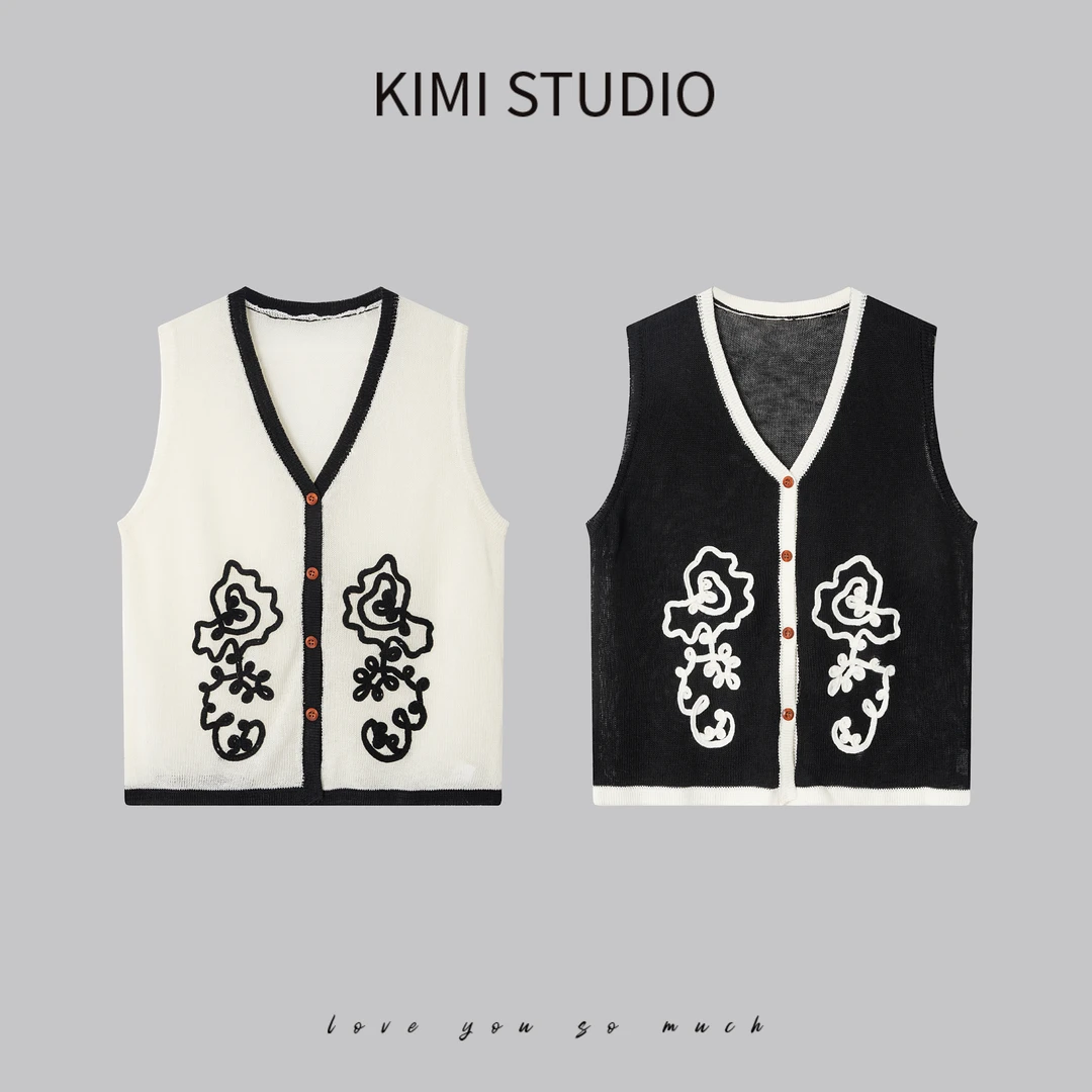 小香风夏季时尚针织衫陌上花开立体钩花撞色边针织背心SS251328