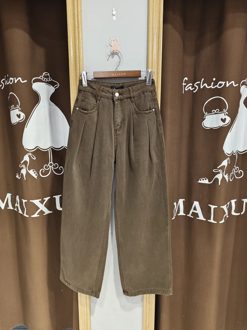 麦寻女装阔腿巧克力色加绒牛仔裤