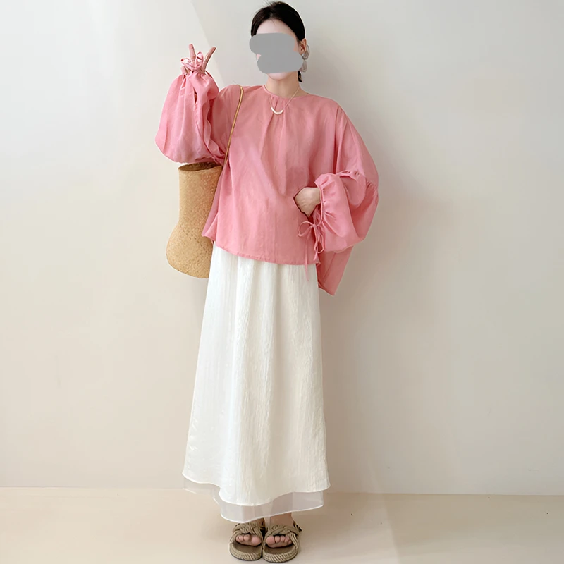 温柔风长袖衬衫上衣女2025夏季新款休闲宽松双层松紧半身裙两件套