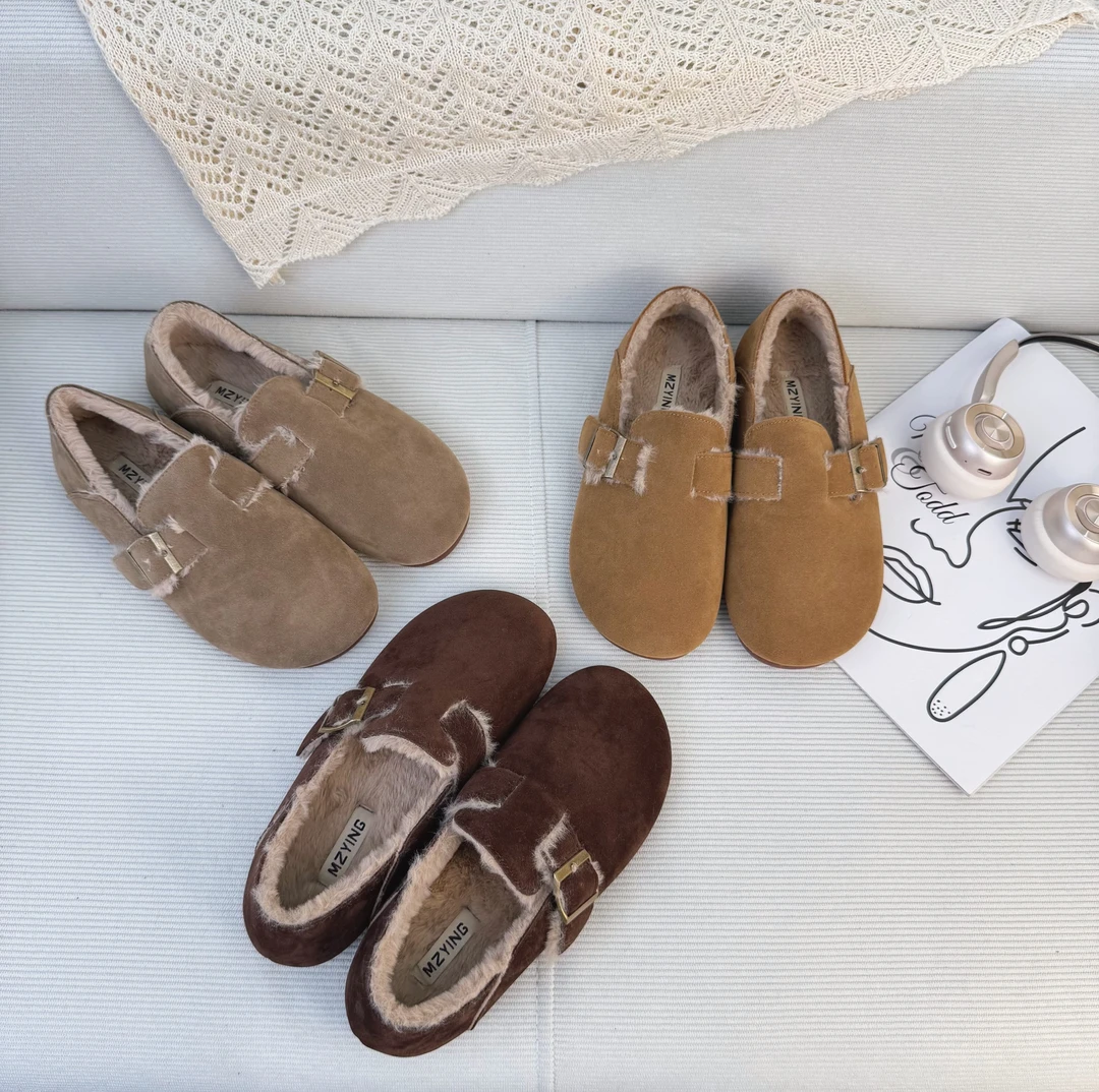 新款冬季复古勃肯鞋女软底软面防滑牛筋底平底全包复古豆豆鞋圆头