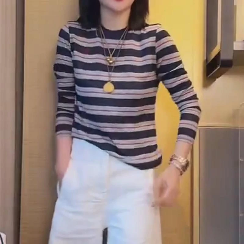 欧货高端气质超好看条纹圆领T恤女初秋新款小众撞色长袖针织小衫