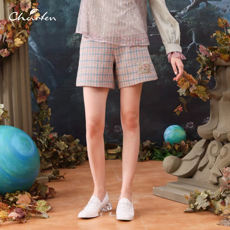 【媛媛专享】朝峰秋冬学院风格纹毛呢短款休闲裤女CFB5F138-162D