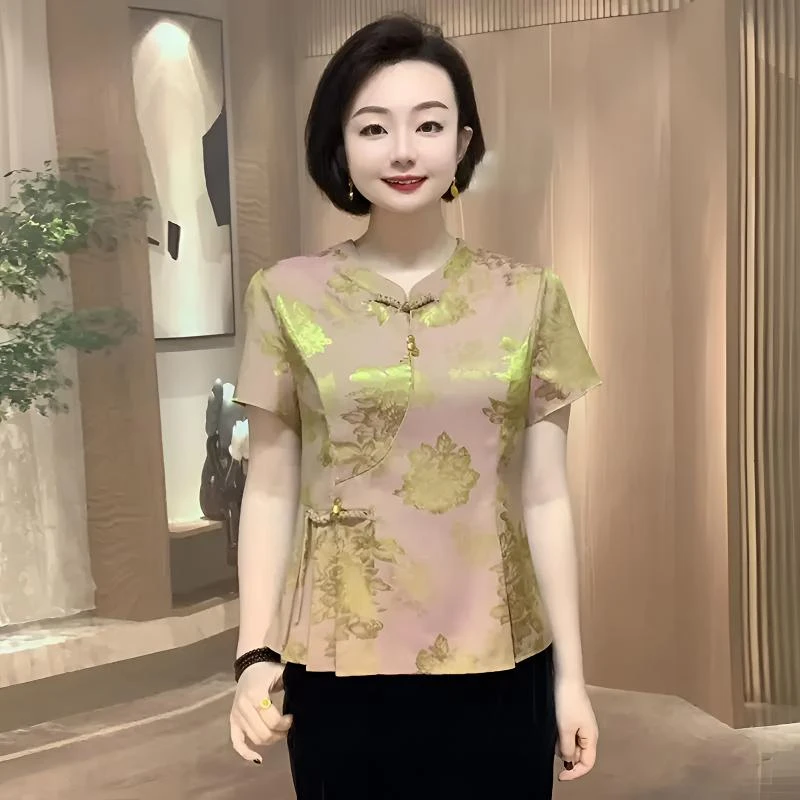 新中式夏季国风时尚中老年妈妈装短袖旗袍衬衫宽松遮肉洋气上衣