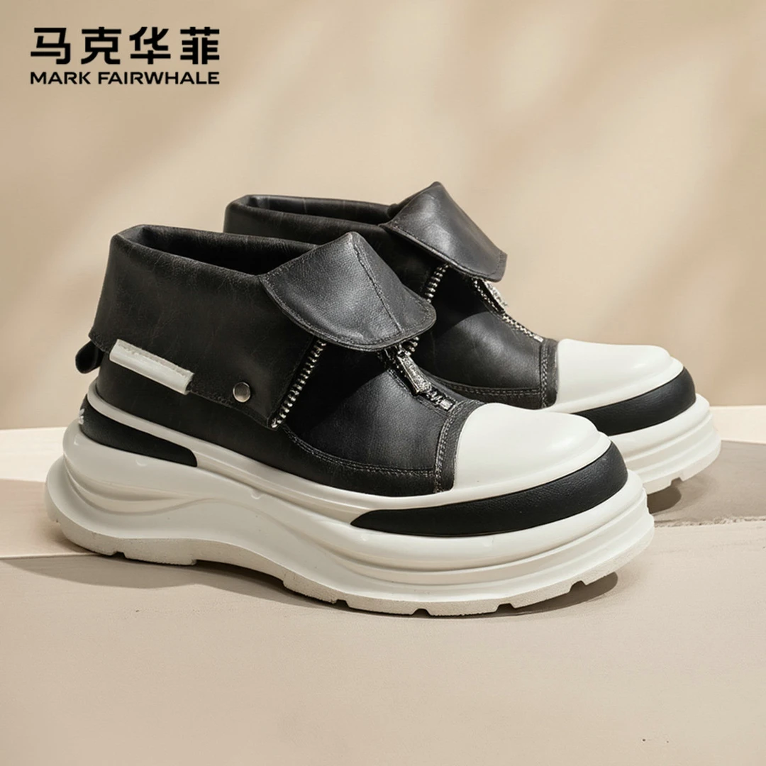 马克华菲男鞋2025秋冬季厚底增高中帮鞋懒人拉链加绒高帮休闲板鞋