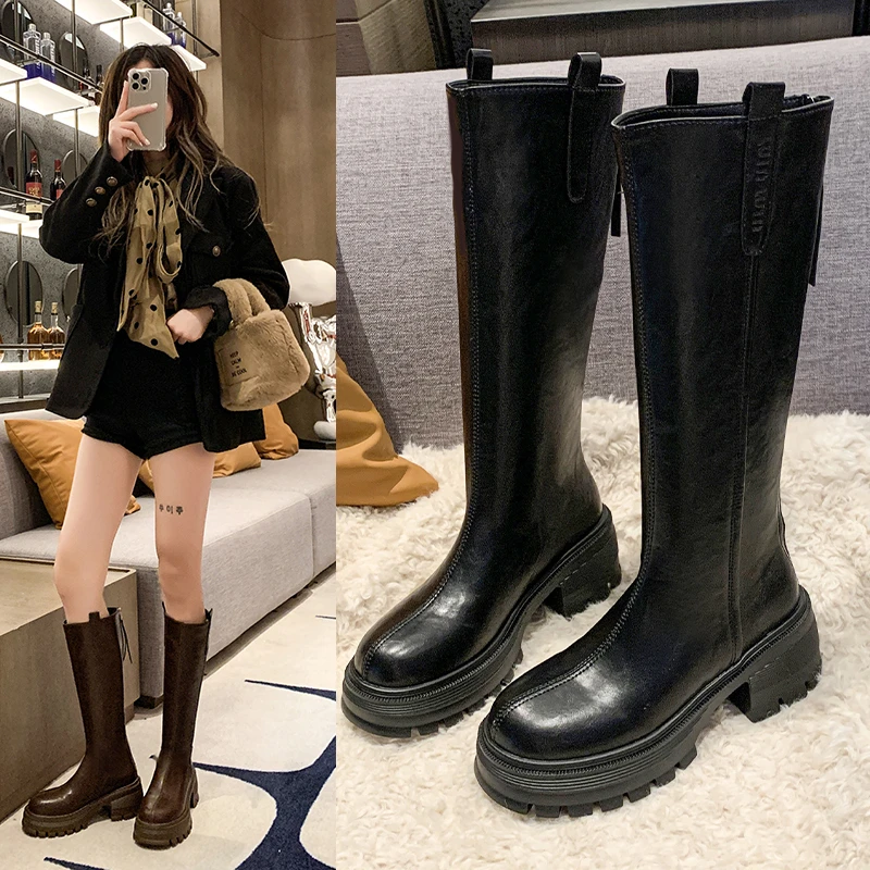 内增高厚底长靴女2025秋冬新款韩版长筒高筒女靴骑士靴弹力马丁靴