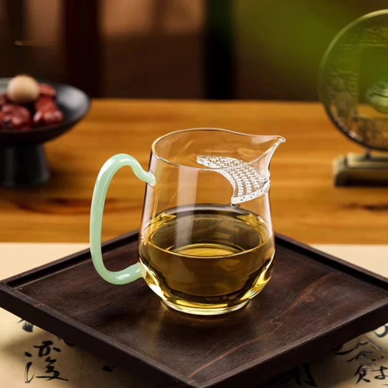 家用公道杯丰然茶海月牙过滤玻璃泡茶公杯高档家用带盖月牙公道杯
