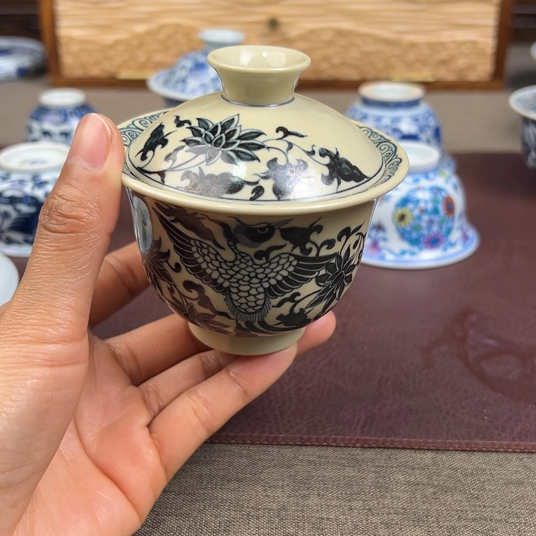 摆件景德镇穿枝凤盖碗