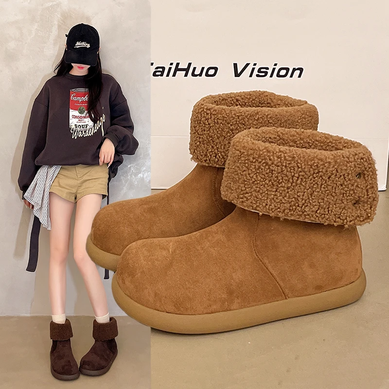 2025冬季新款棉鞋加绒勃肯羊羔毛毛雪地靴女短筒东北大棉短靴厚底