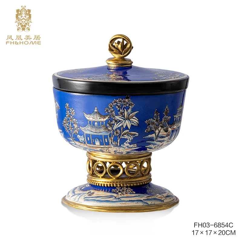FH&HOME/凤凰美居手工彩绘蓝色铜配瓷糖果盖盒