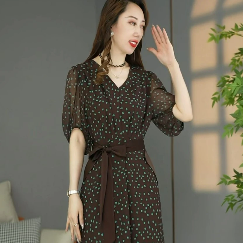 高定夏季新款洋气时尚收腰修身显瘦波点中长款过膝V领连衣裙