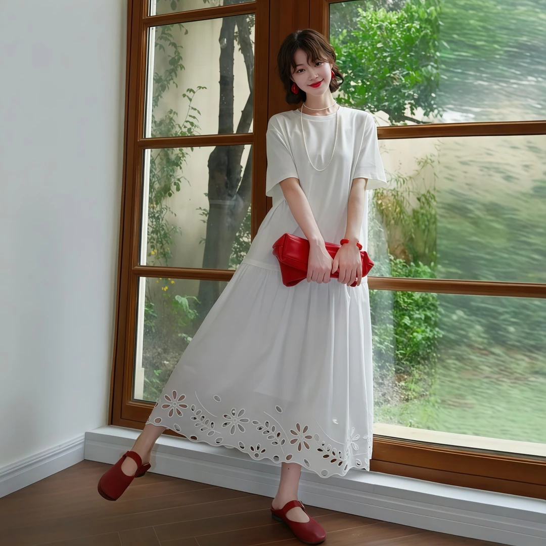 重工镂空绣花拼接连衣裙女2025夏季新款大码胖MM法式显瘦气质裙子