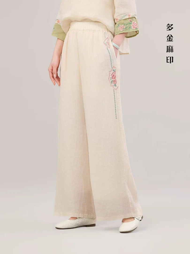 2025夏季新款国风刺绣苎麻直筒裤子