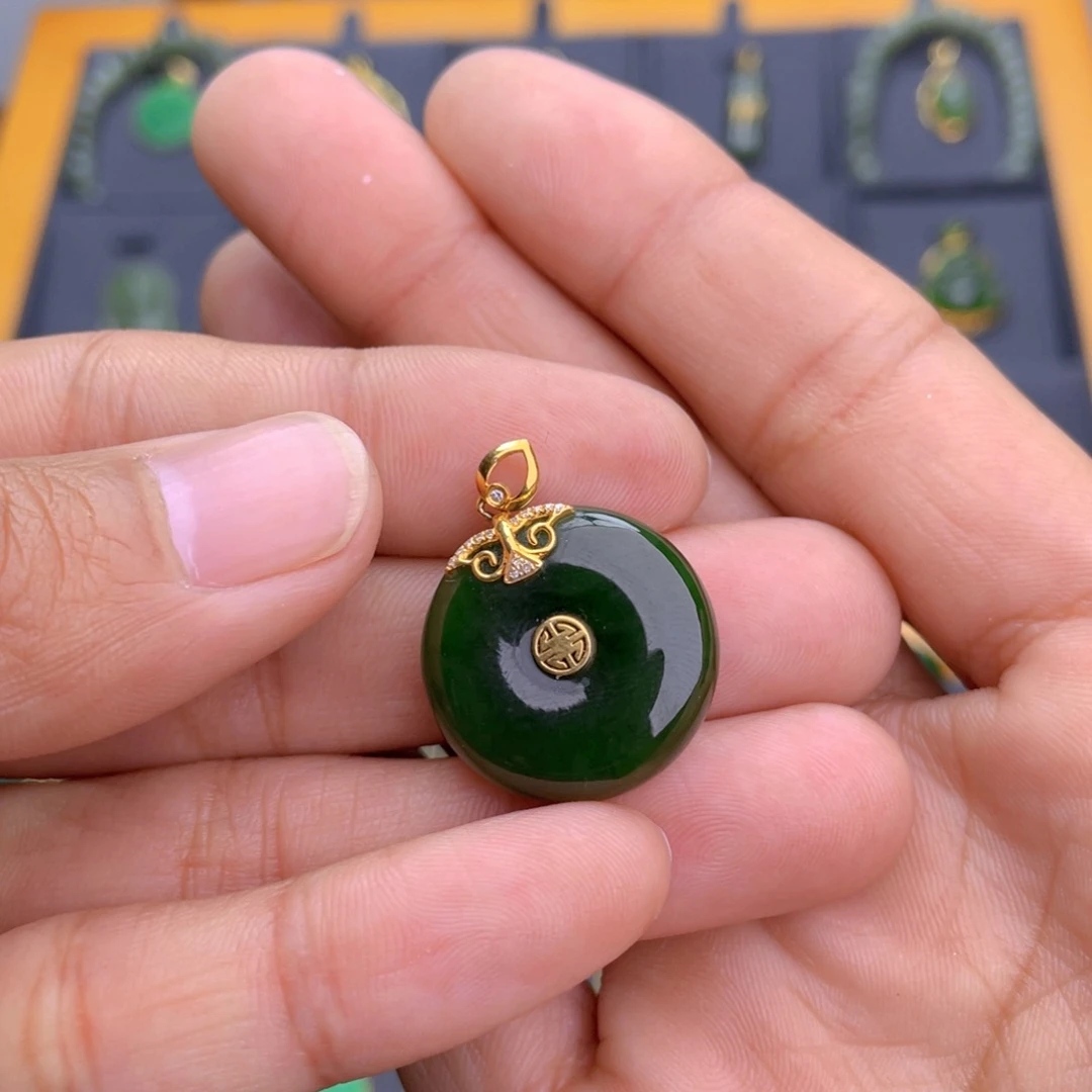 和田玉（碧玉）吊坠(不含链)18K金镶嵌馥*平安扣吊坠
