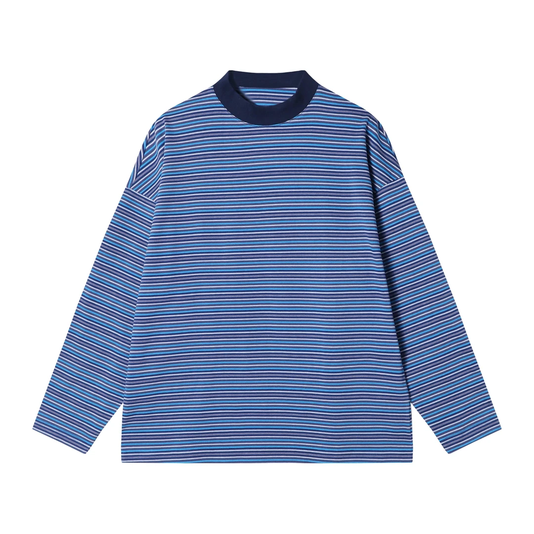 T1896新款时尚个性撞色条纹套头圆领长袖T恤休闲百搭宽松上衣