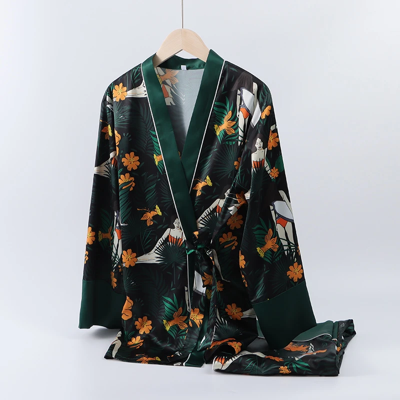 【棉客诚品】亚光丝墨绿印花女产长袖长裤套J0633