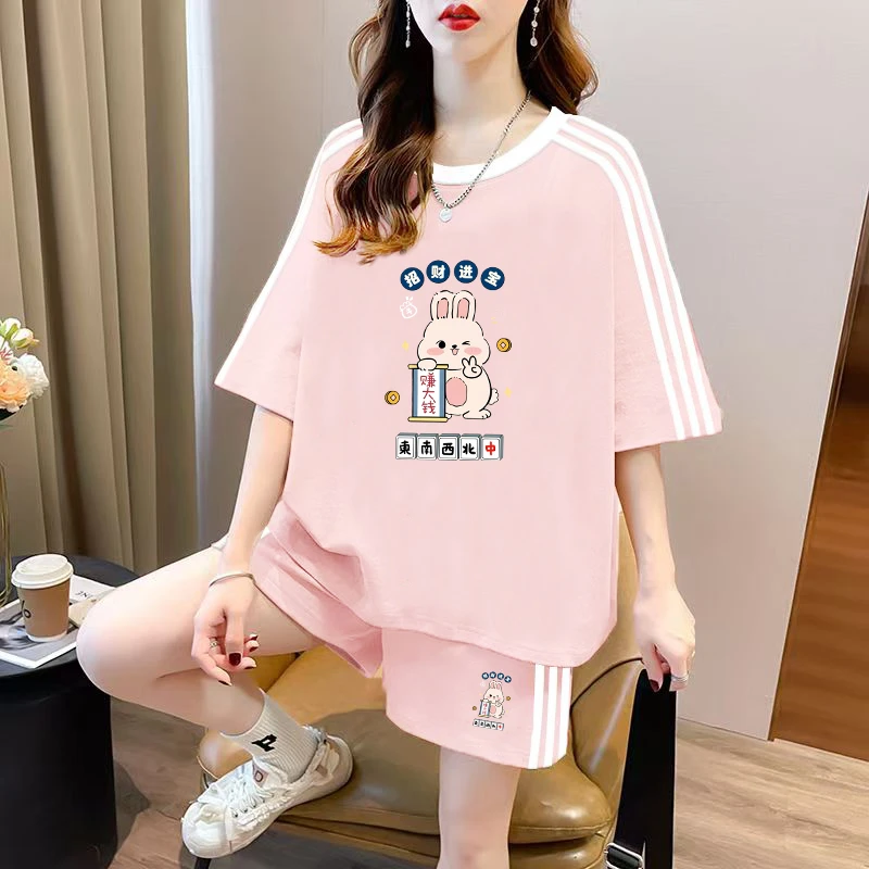 新款短裤套装女大码宽松休闲运动夏季外穿时尚减龄撞色短袖两件套