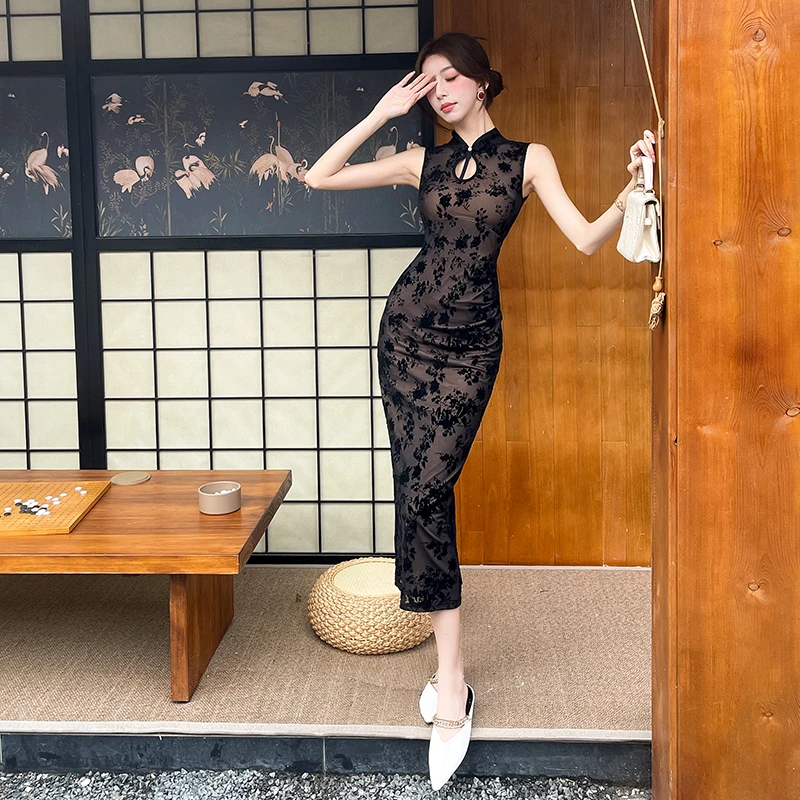 旗袍气质黑色网纱连衣裙女夏季性感纯欲辣妹修身包臀长裙子中国风