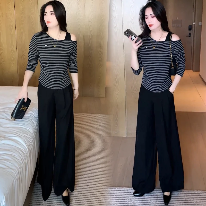 时尚套装女2025秋季新款洋气显瘦露肩长袖上衣阔腿裤气质两件套潮