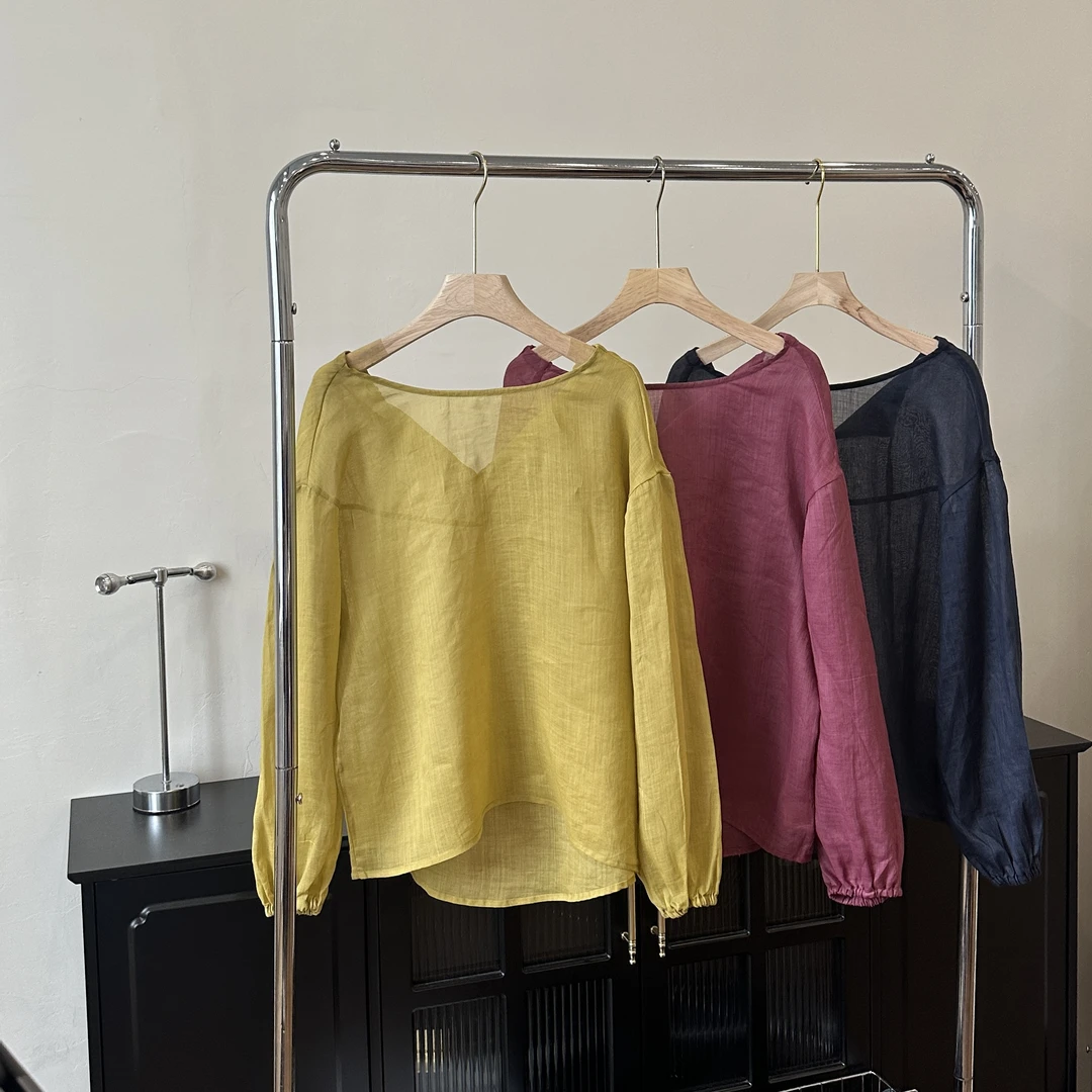 100支超细丝光苎麻 漂亮小衫灯笼袖防晒衬衣~