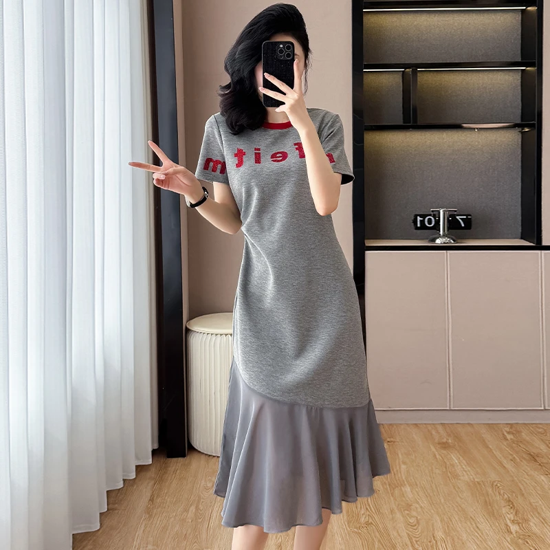 法式休闲T恤连衣裙女2025夏季新款洋气时尚遮肚显瘦雪纺鱼尾长裙