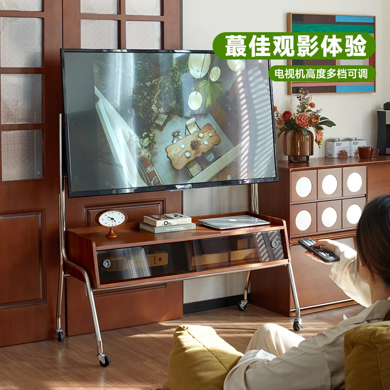 复古实木电视机架小户型客厅卧室落地可移动显示器电视支架