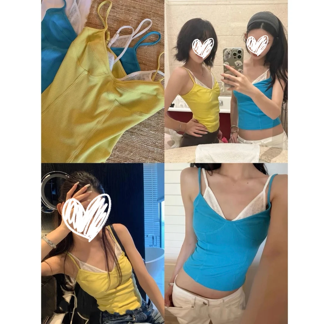 调色师蕾丝拼接假两件螺纹吊带上衣#9154