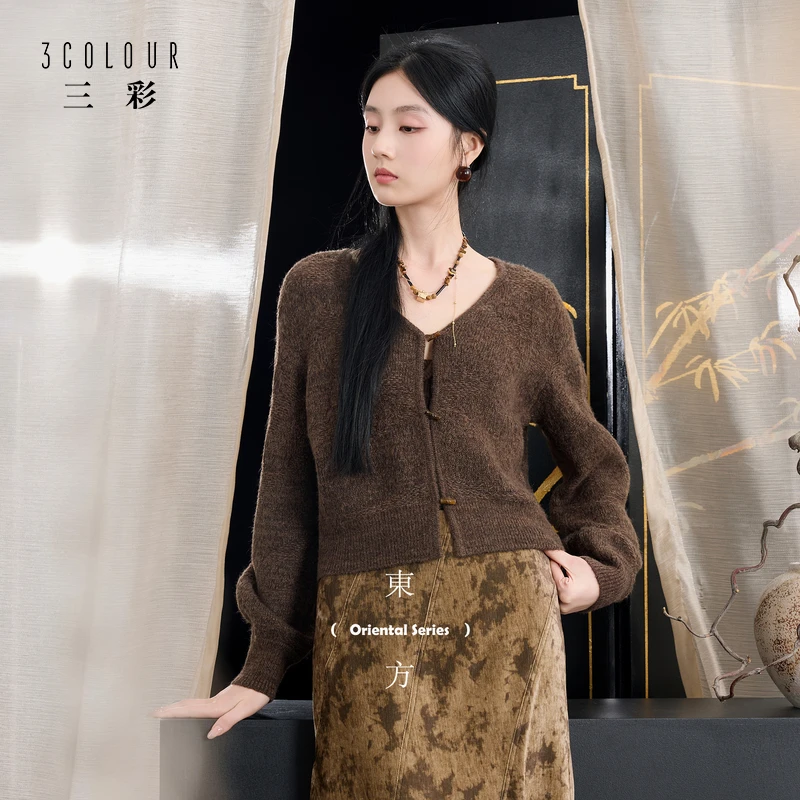 三彩【倚竹听暖】2025秋季新款针织衫V领毛衫外套短款开衫上衣女C