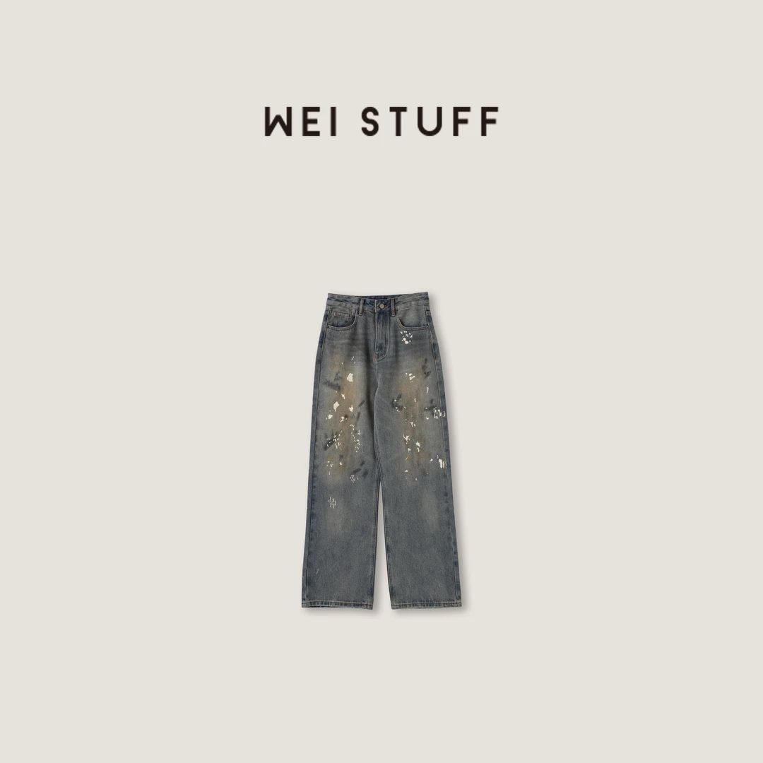 WEI STUFF 美式复古100棉高腰喷漆做旧脏脏宽松直筒牛仔裤 7979 S