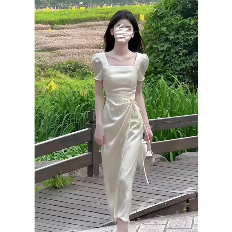 【1105人收藏】名媛气质缎面连衣裙2024夏季新款高级感方领泡泡袖