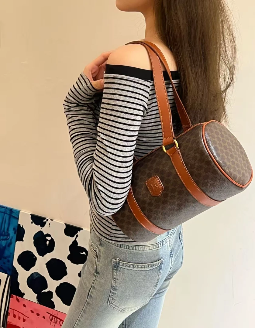 95新 Celine/思琳 老花拼皮圆筒包