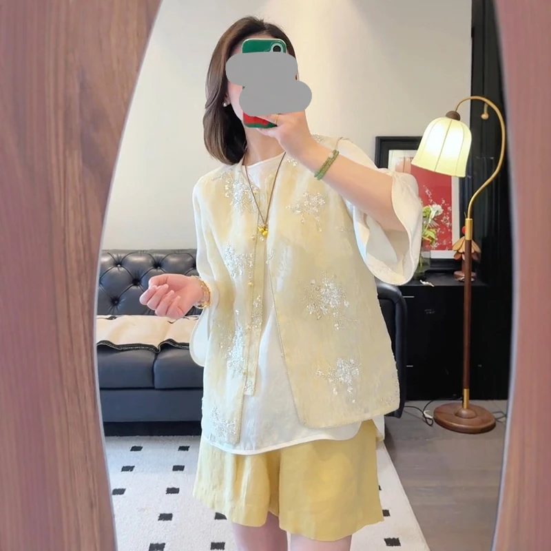 2025年夏新款新中式国风气质重工刺绣马夹显瘦上衣高腰短裤三件套