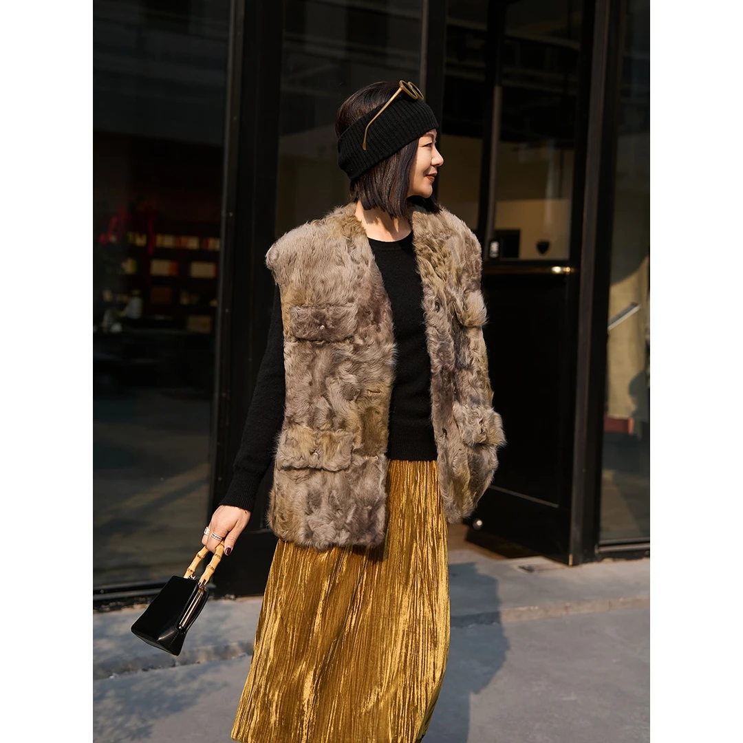 TOFOD 古早 金象羔小湖羊短大衣丝绸感马甲开衫TB127