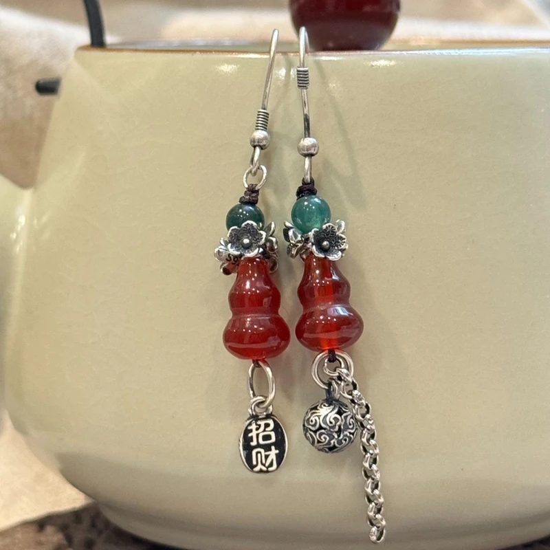 敦煌飞天 925银耳饰 太朴 E25495红色葫芦圆珠AB款耳环